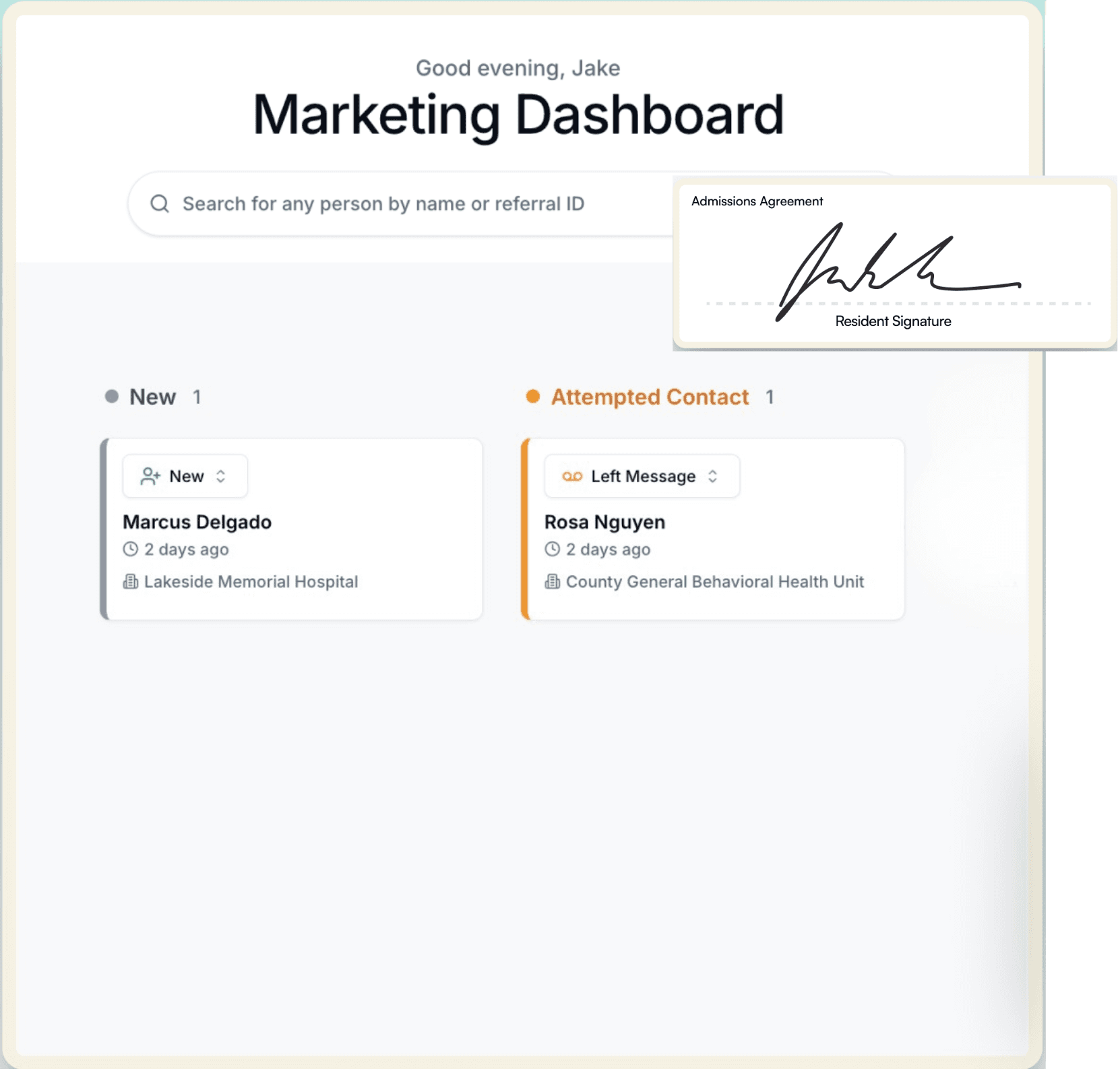 Marketing dashboard tracking new and attempted family contacts, with an admissions agreement ready to sign.