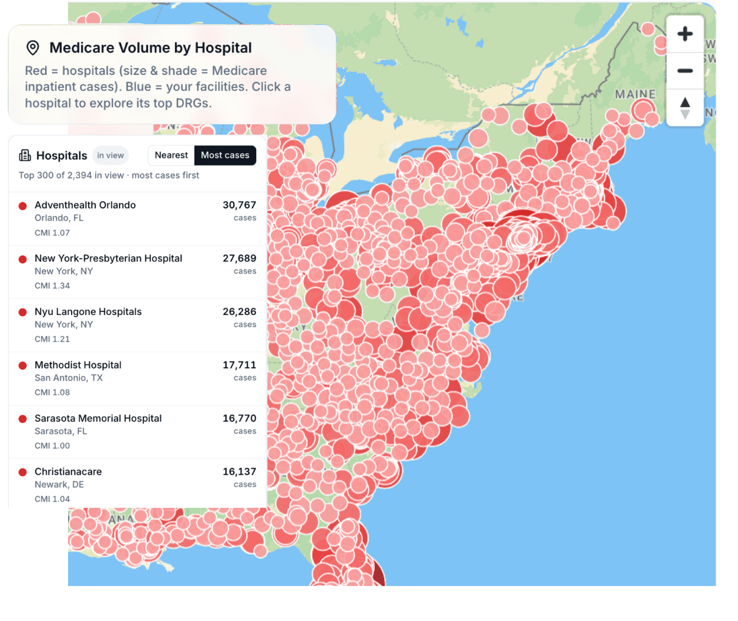 Map of Medicare inpatient volume by hospital, with case counts for the largest referring hospitals.
